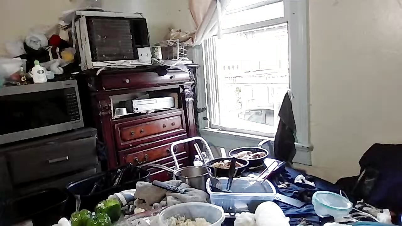 Pemandangan ayam yang berbeza yang saya gorbankan dalam bilik saya dengan puncak dapur elektrik mudah alih