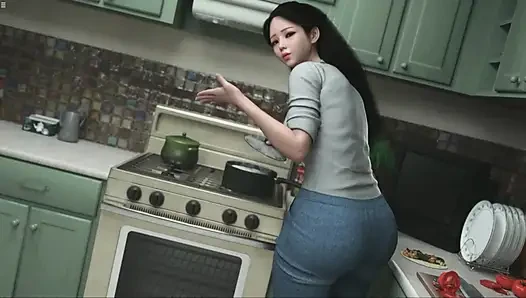 Japanese Stepmom Showing Big Boobs Cleavage While She Cooking In Kitchen