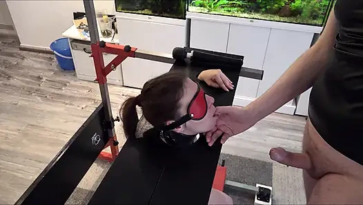 Slave Defenseless in Pillory Driven to Orgasm on Sybian