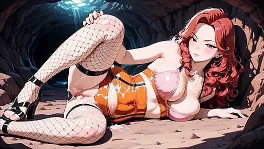 Anime si cewek hot rambut merah lagi asik pakai bikini oranye sampai menetes