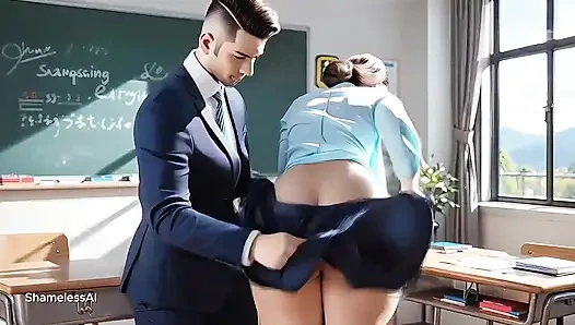 Büyük göğüslü öğretmen sınıftaki molada göt deliğinden esnedikten sonra götünden sikiliyor