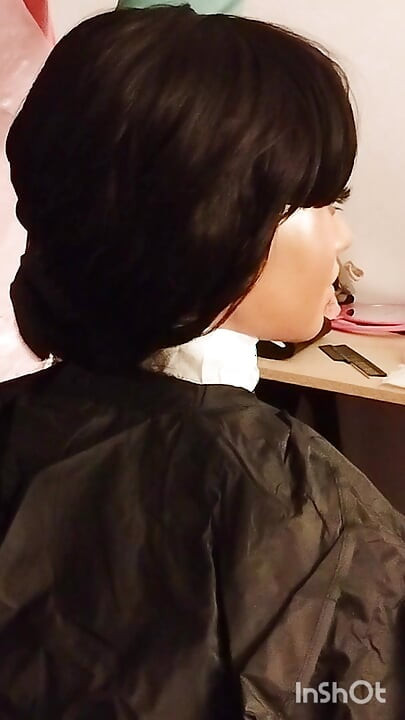 Ebony sex doll Nikki wears barberette capes