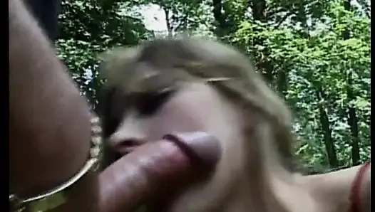 Horny slut teen sucking cock and swallowing outside