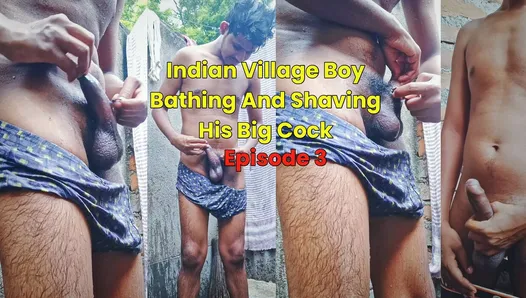 Horny gay shaving his big cock and bathing nude in public