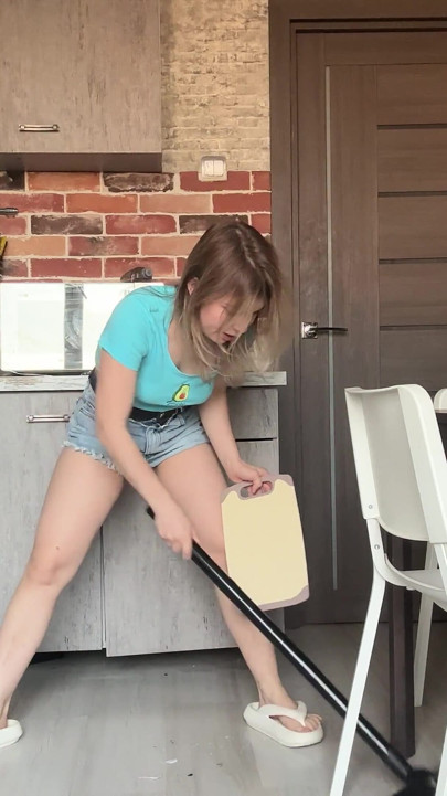 The Cleaning Lady Couldn't Stand It and Wet Her Shorts