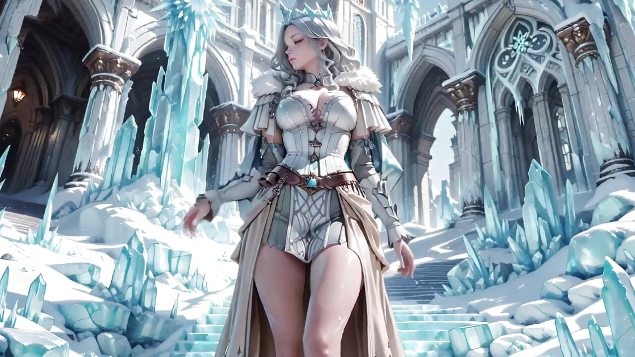 Silver-Haired Ice Queen! Kneeling in the Frozen Castle, her cold armor hides so many secrets. Hand on chest, biting lips...