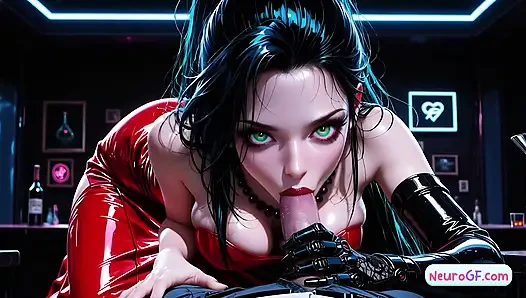 Black-haired cyber slut rips off her dress & gets fucked deep on the neon bar