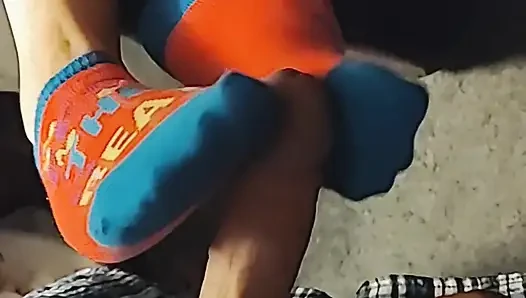 Hot Little Footjob - Pink & Blue Ankle Socks Sockjob - Cum On Socks