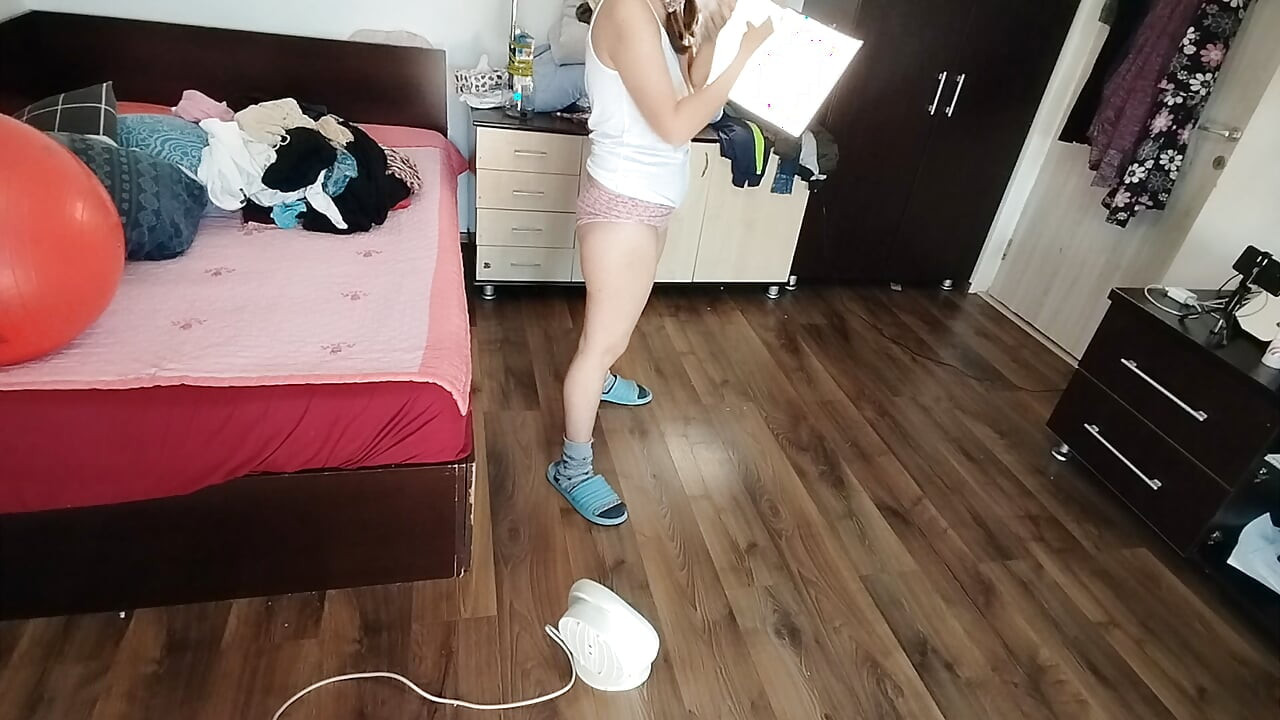 Sexy Brunette Having Fun Trying on Clothes. Sexy Mom Dances Naked Around the House.