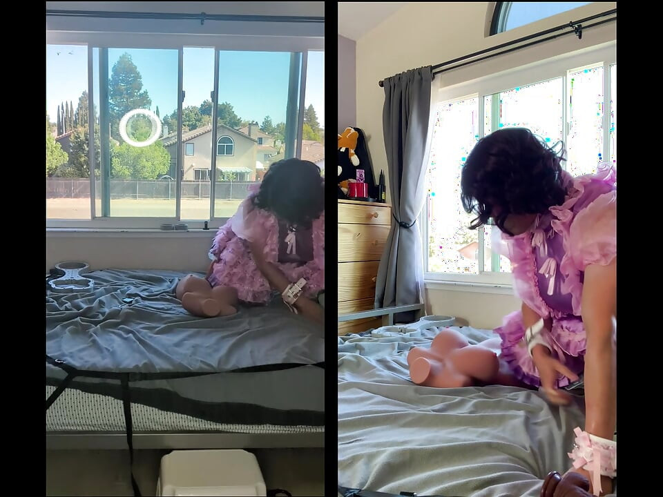 Pink Satin Sissy Maid Rides Her Sex Doll Toy While Locked