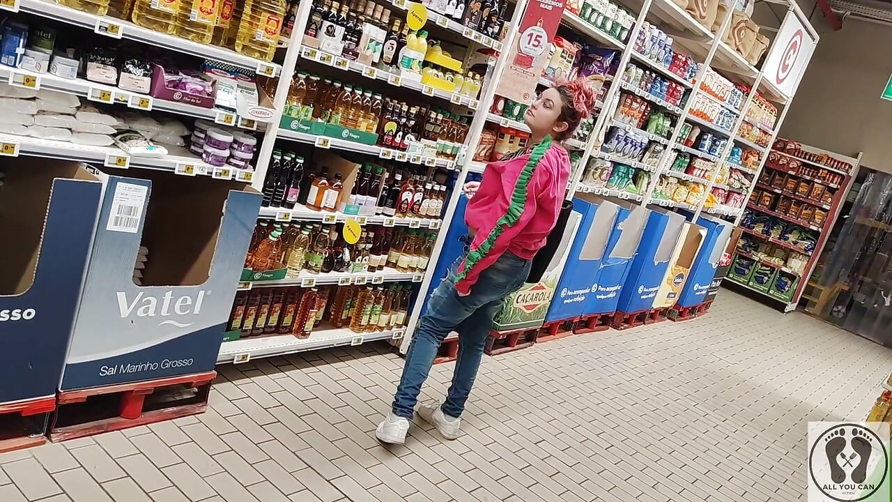 Crazy Rebeca Addams in Jeans Buttcrack at the Supermarket