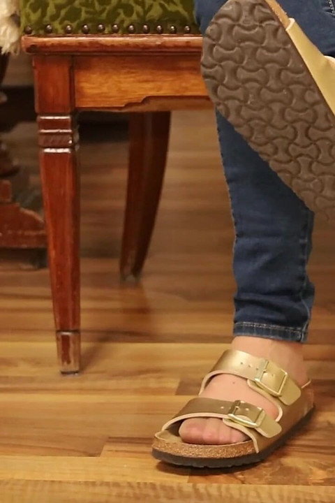 Jeans and Gold Two-strap Sandals - Nylon Feet Tease