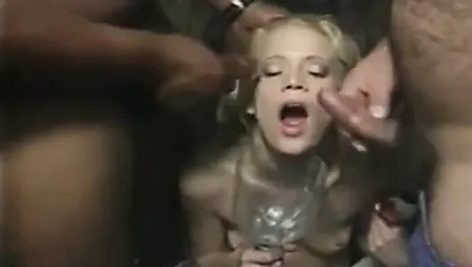 Bukkake with cum ending - she swallows it all