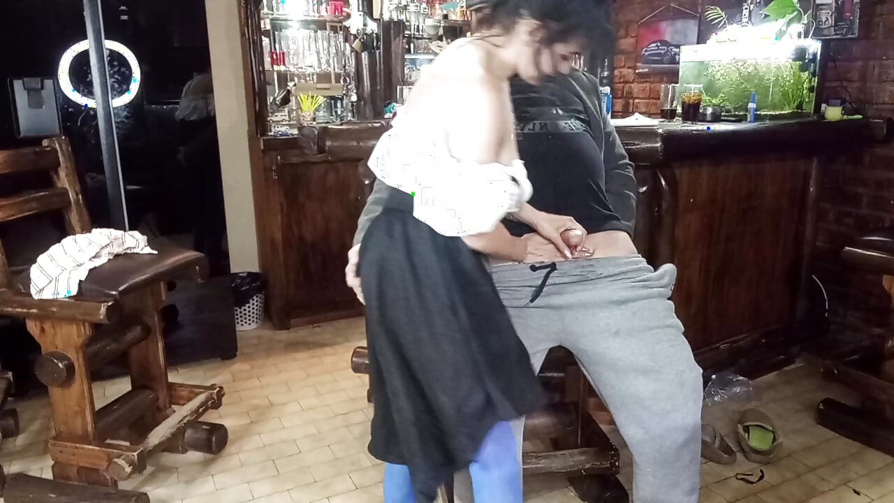 Good looking hotty  having fun two guys in the bar