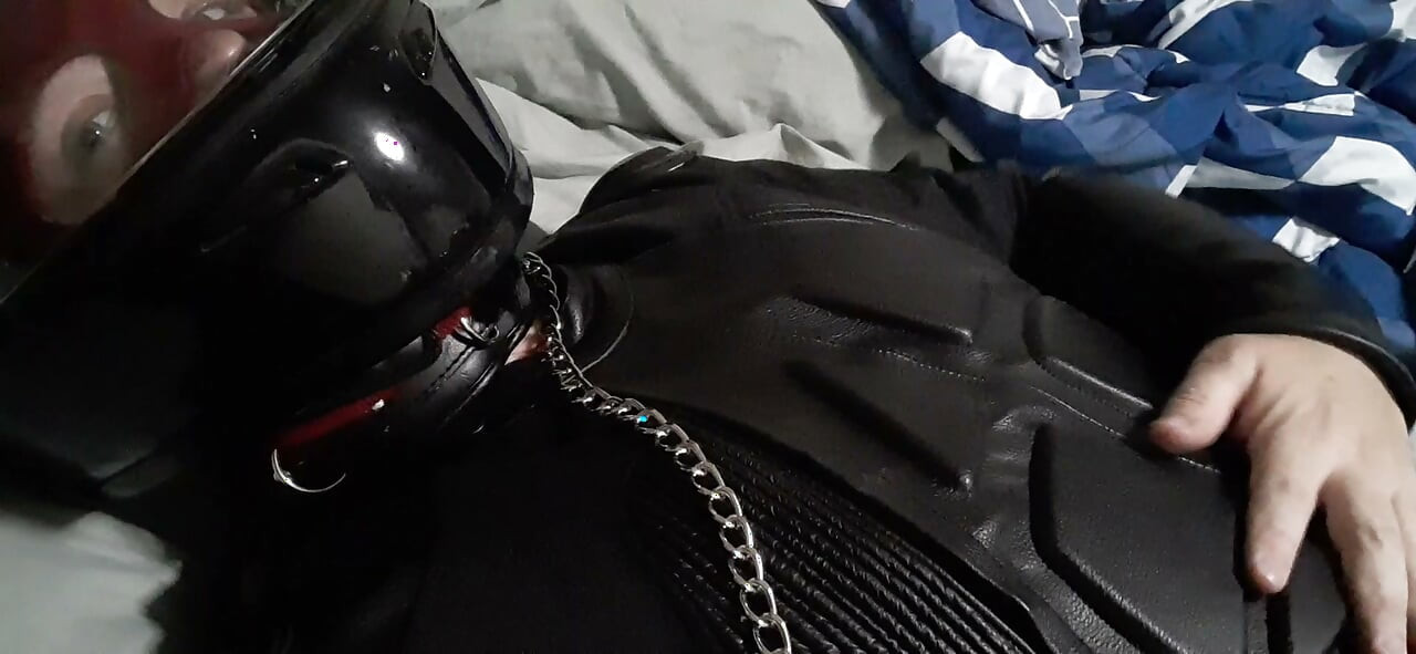 Biker cums in leather moto race suit