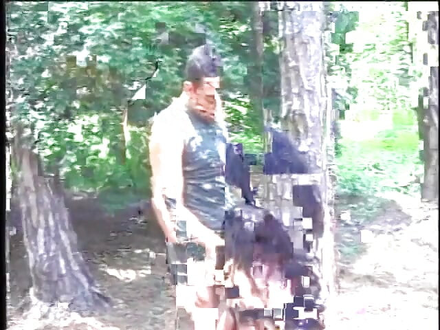Un tip este în genunchi suge pula unei transsexuale excitate înainte să o călărească într-un parc