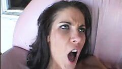 Mature brunette fucked hard and facialized on sofa