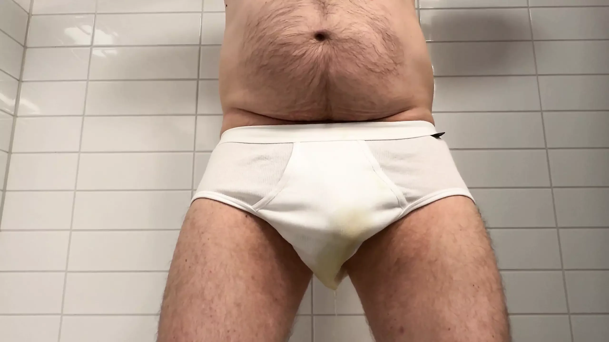 Dad Pissing His New White Briefs