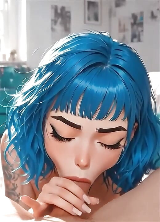 Gadis AI berambut biru alternatif memberikan blowjob dan mendapat air mani di mulutnya