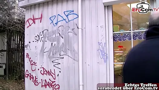 Chubby German housewife approached by grandpa on the street