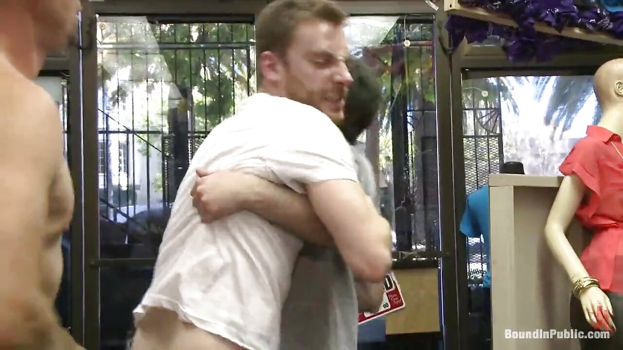 Ripped, hung stud gets used and fucked in a clothing store