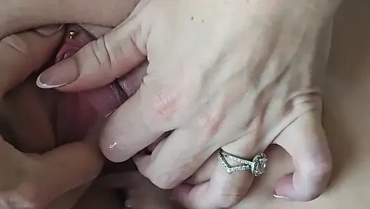 Milf stretches ger pussy wide open so he can shoot his cum deep inside her