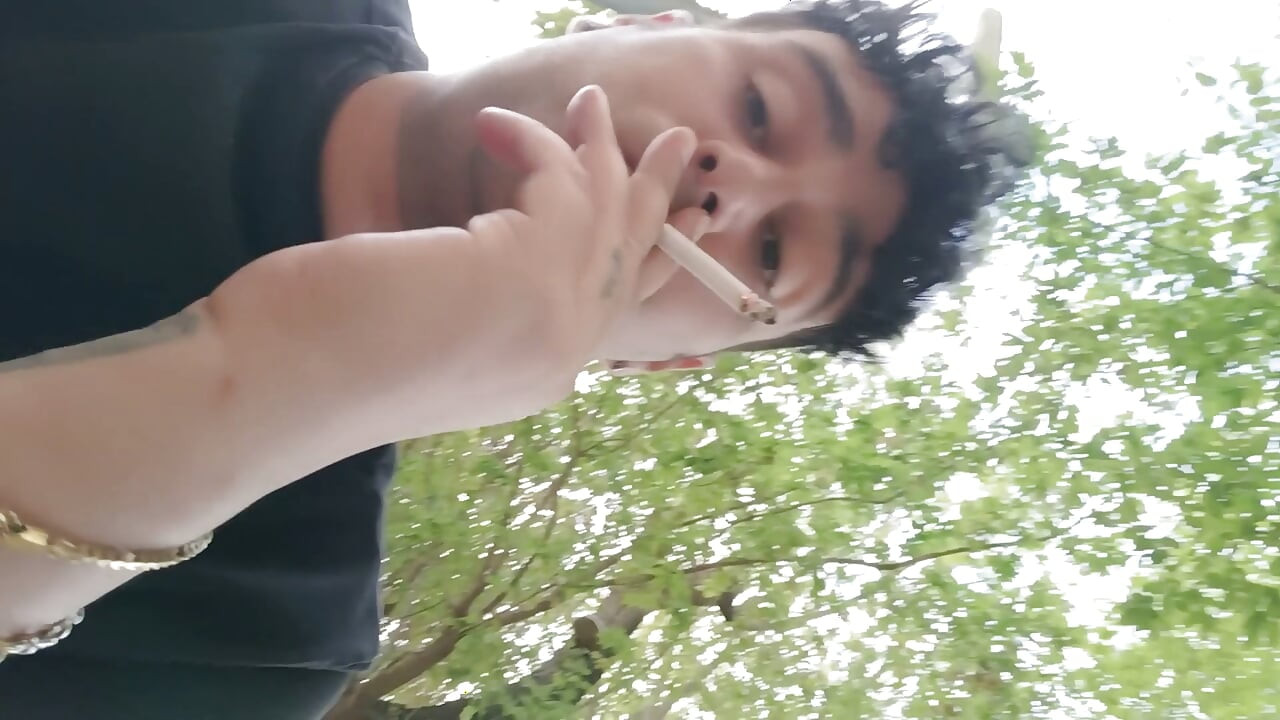 Smoking Outdoor and Showing Balls and Soft Uncut Cock