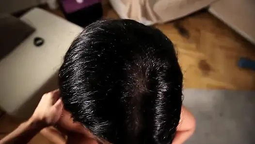 Amazingly sexy hot brunette with all natural big tits and big ass in attractive lingerie gives a blowjob and handjob