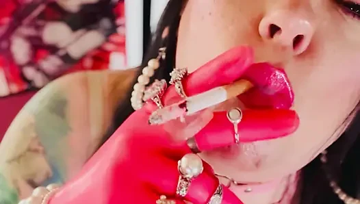 For Those Who Love Latex Gloves & Smoking! Tina Snua Wears Gloves With Rings & Smokes A Cigarette