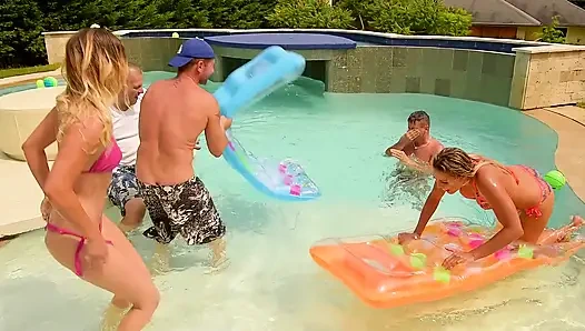 Blonde Poolside Gangbang with Multiple Cocks