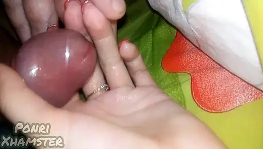 My stepsister's hand is covered in precum and then thick cum