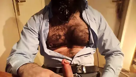 Hairy Antonio Shoots Cum on his Chest and Beard