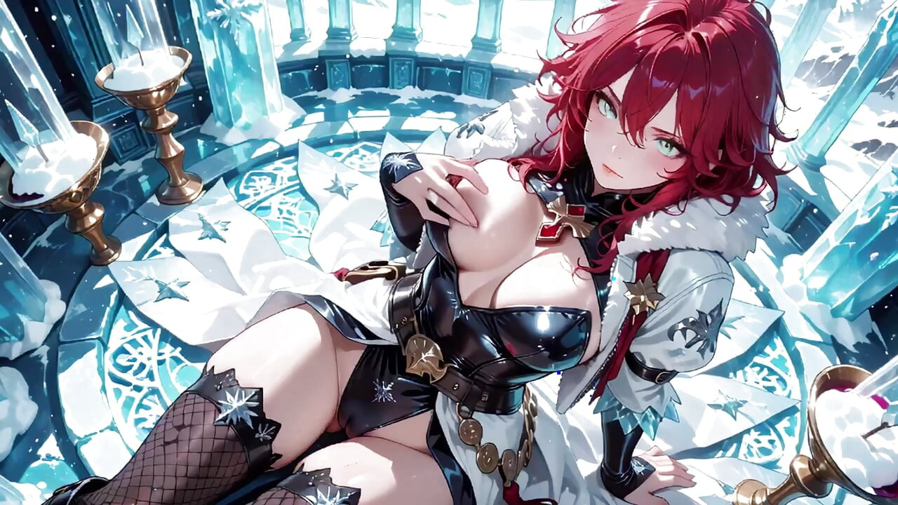 Red-haired Sorceress makes a stunning entrance in the Crystal Hall, robe slightly open and staff tapping seductively.