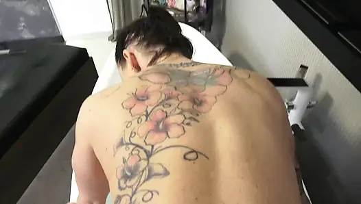 Tattooed Brunette Babe Sucks and Fucks Big Cock