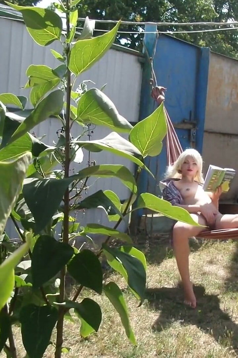 Real Platinum Blonde Reads Book and Masturbates Outdoors