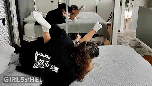 Oh no! Naughty college girl gets stuck playing with her cuffs