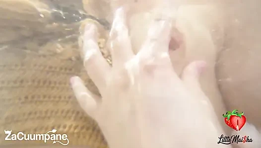 Skinny and tight brunette with natural tits gets aroused by a hot cock in the jacuzzi.