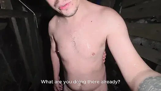 Soapy naked bodies in a rural shower