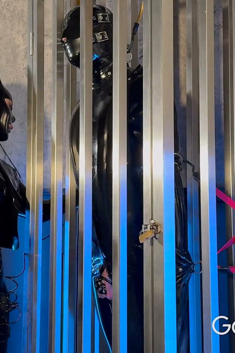 Caged Gimp in Bondage Bag Made to Cum in Chastity