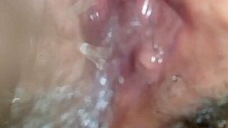 Creampied wife pussy pissing