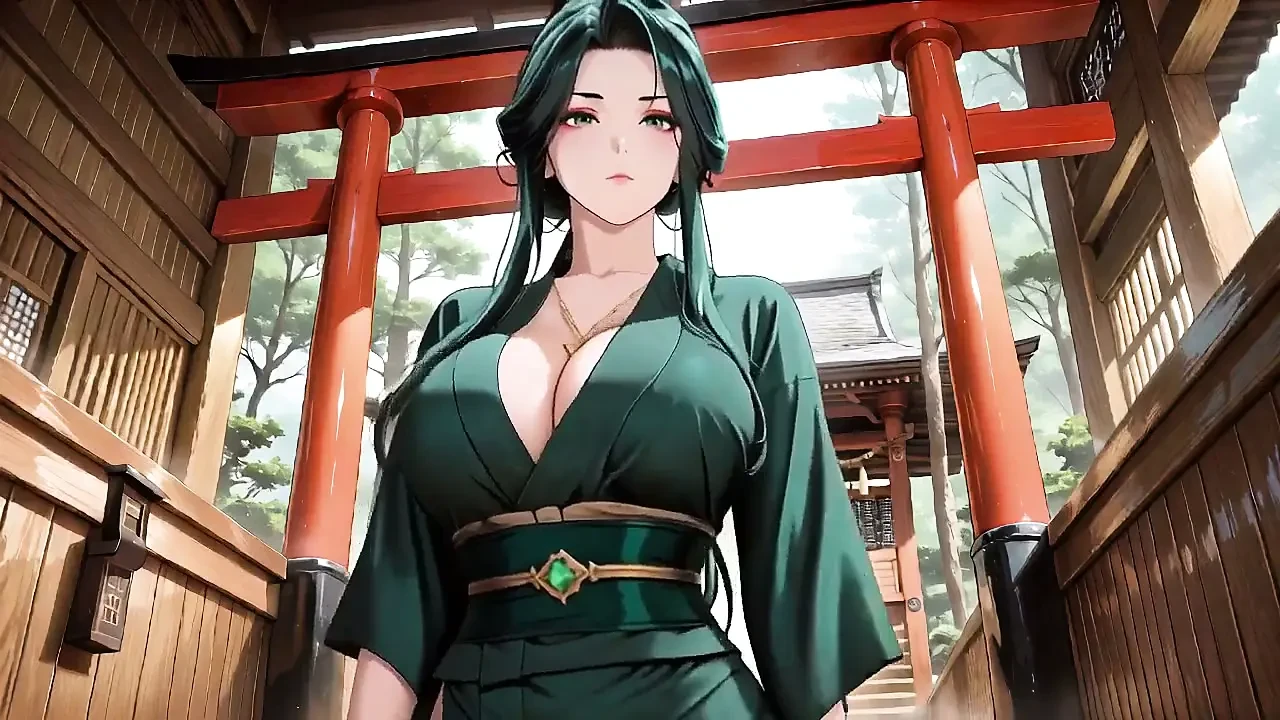 Green-haired Kimono Goddess! Private Tatami Close-up, Lazy Kneeling & Chest Rubs.