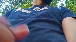 Big Uncut Cock Latino Jerking Outdoors in the Woods and Eating His Tasty Cum Careful Not to Get Caught