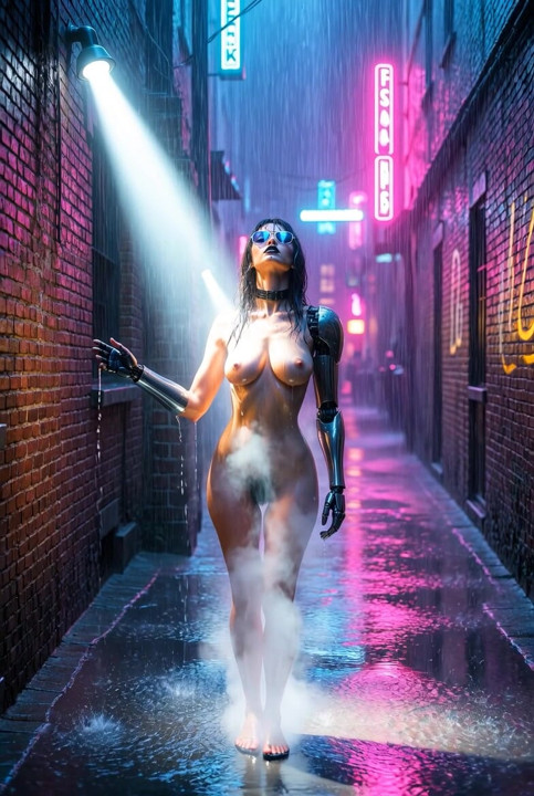 Cyborg Goth Nyx Walking Through a Neon Alley