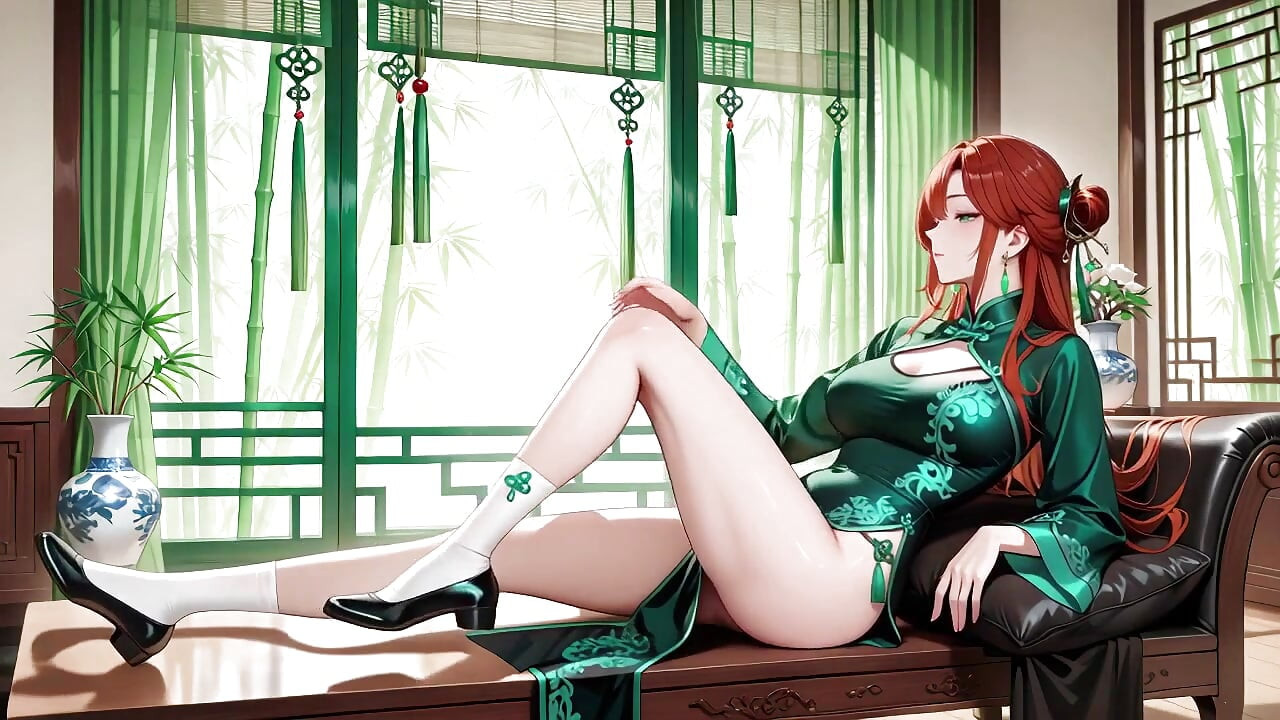 Red Hair & Emerald Qipao! Lazy Seduction in the Eastern Courtyard.