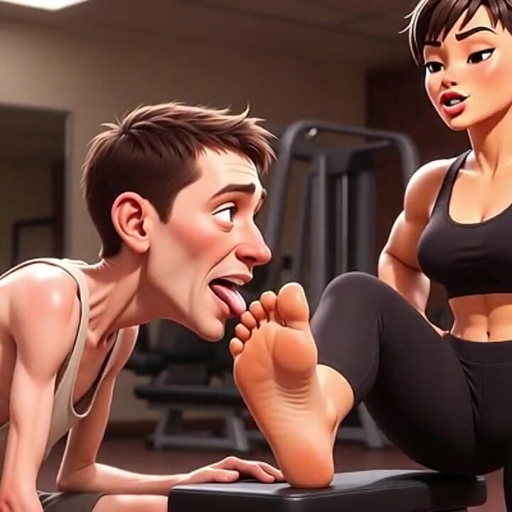O femeie puternică musculoasă face sclavul slab să-i lingă picioarele