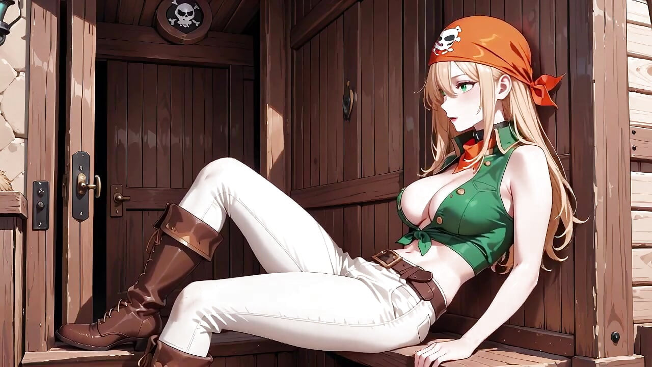 Blonde Pirate Captain! Green Uniform & Rough Ropes on a Sunny Deck. Languid Poses, Long Legs Exposed, and That Teasing Gaze