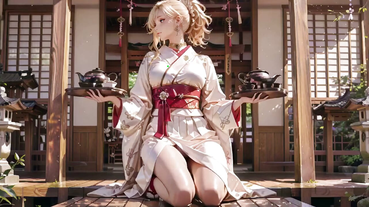 金髮和服女孩的神社秘密！跪在鳥居下，穿著米色改良和服