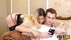 FIST4K. Blonde accidentally breaks BFs phone and gets her pussy fisted
