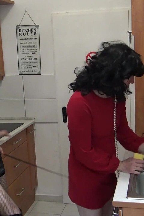 Giant Gothic Mistress Trains Her Little Transvestite to Clean!