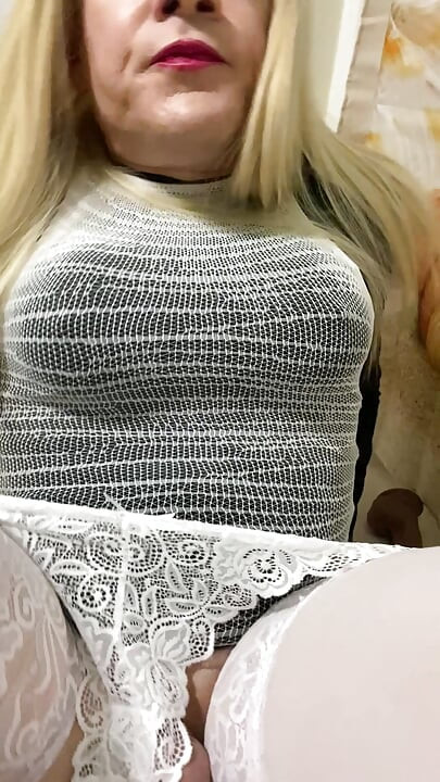 Amateur sexy slutty sissy Crossdresser trans I’m white stockings and heels with dildo dirty talk squirt cum hands feee